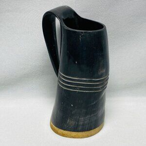 Vintage Black Horn Tankard Beer Drinking Mug With Handle & Wooden Base